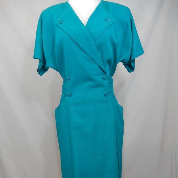 Vintage 80s Teal Dress Secretary Retro Linen Double Breasted Sheath Knee Length - Picture 4 of 13